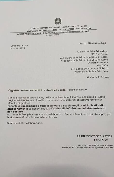 Il documento inviato dal sindaco di Recco Carlo Gandolfo all'Istituto Comprensivo.