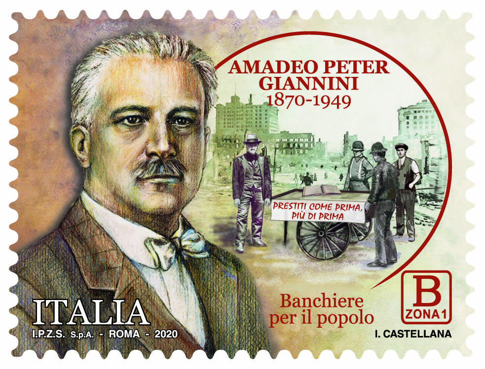 Il francobollo commemorativo di Poste Italiane per Amedeo Peter Giannini.