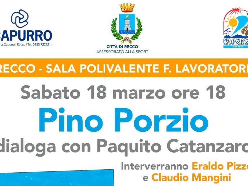 Recco: domani, sabato 18, Pino Porzio parla di pallanuoto con Eraldo Pizzo